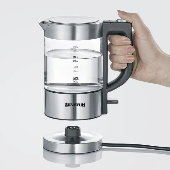 Severin WK 3472 kettle, 0.5L, 1100W, Glass/Stainless steel/Black