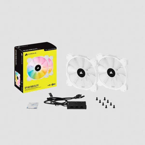 Corsair SP140 RGB ELITE, 140mm, PWM, Hydraulic Bearing, RGB Fan Kit, 2-pack, White