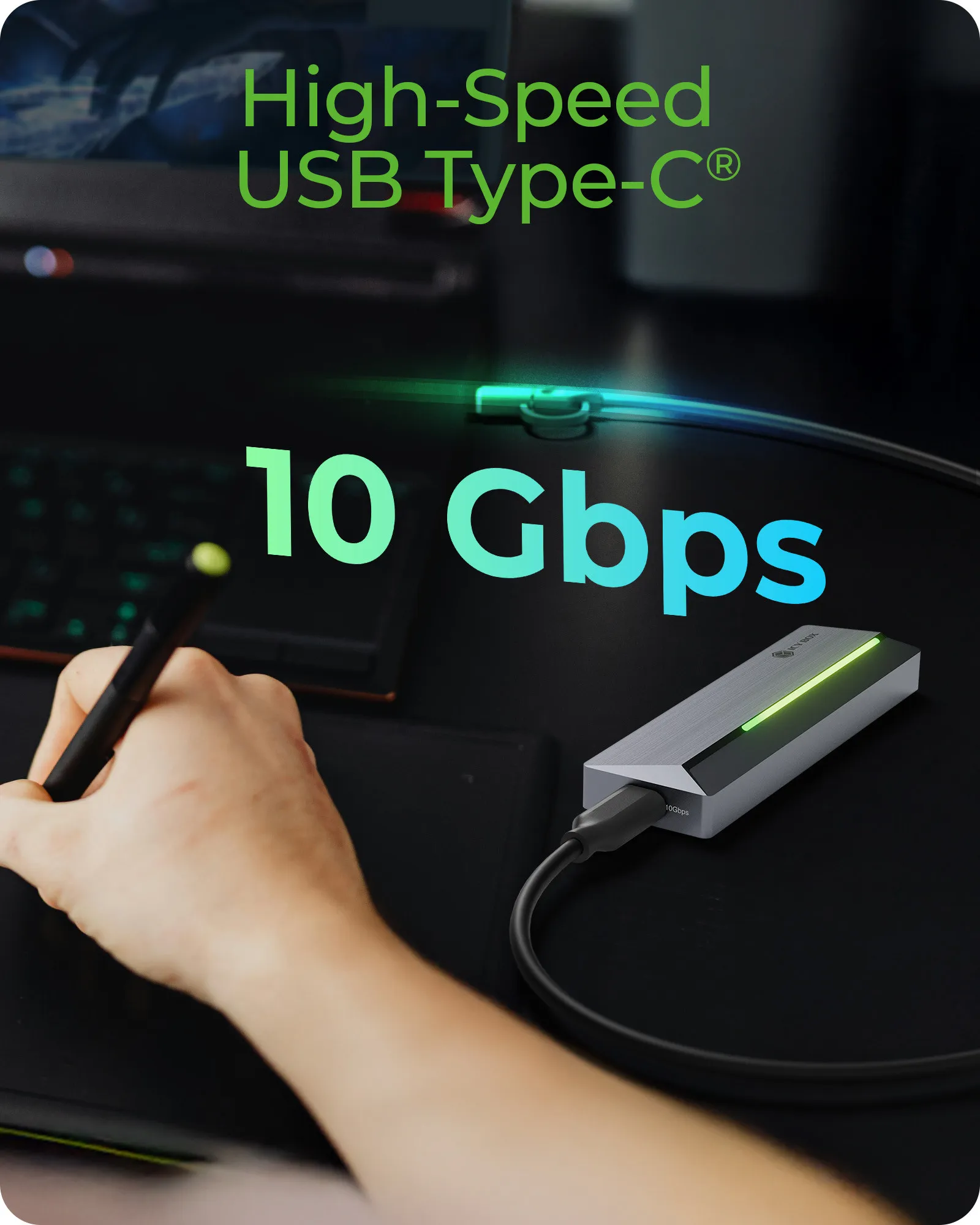 ICY BOX IB-1826MCL-CU31 M.2 NVMe/SATA SSD -kotelo, USB-C, USB 3.2 Gen 2, RGB-valaistus, harmaa