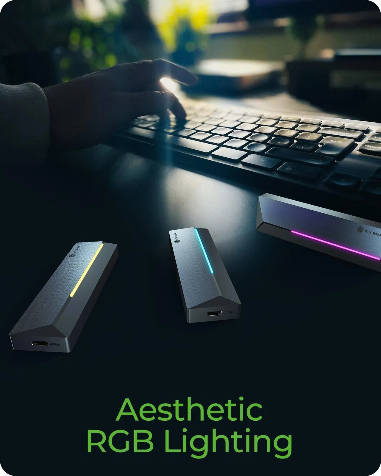ICY BOX IB-1826MCL-CU31 M.2 NVMe/SATA SSD -kotelo, USB-C, USB 3.2 Gen 2, RGB-valaistus, harmaa