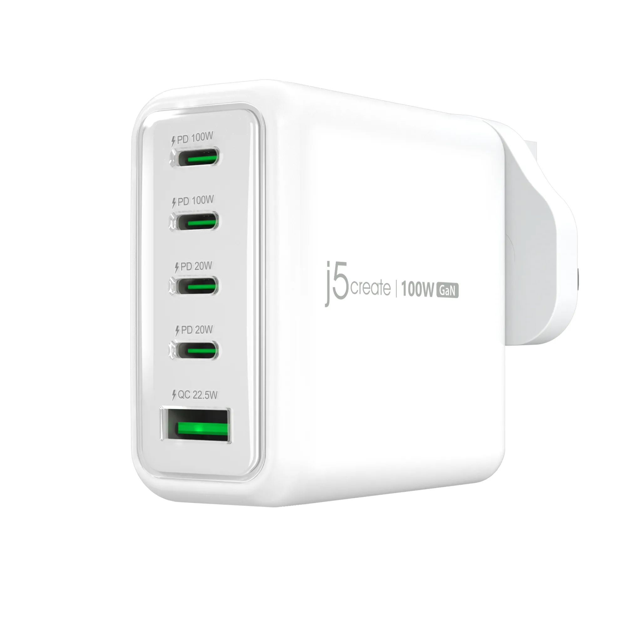 j5create JUP53100EF-N 100 Watt Galliumnitrid 5-portars - V&auml;ggladdare, Rent vit / Kolsvart