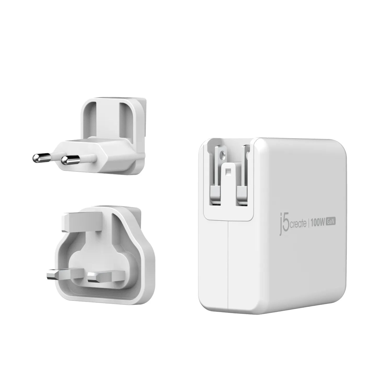 j5create JUP53100EF-N 100 Watt Galliumnitrid 5-portars - V&auml;ggladdare, Rent vit / Kolsvart