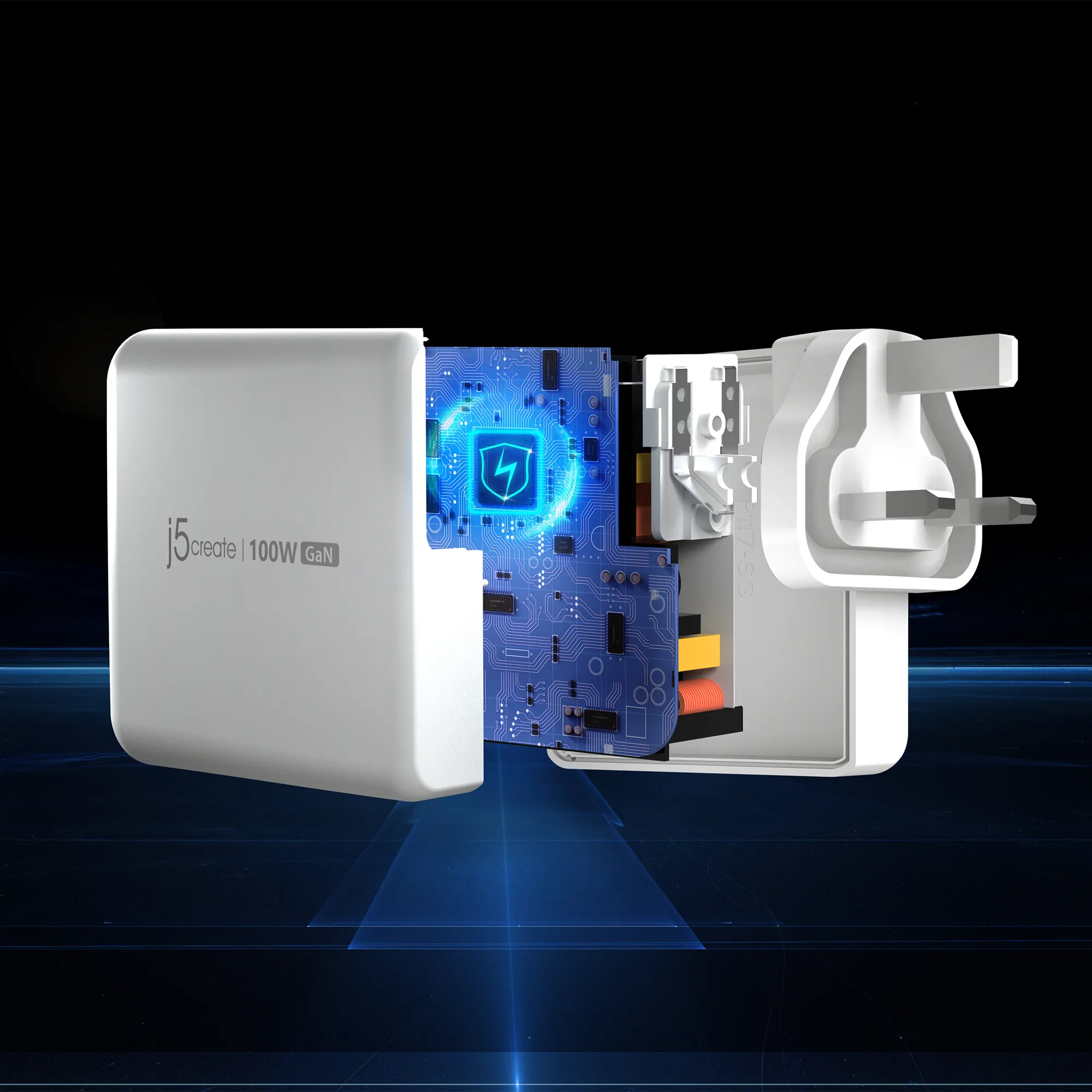 j5create JUP53100EF-N 100 Watt Galliumnitrid 5-portars - V&auml;ggladdare, Rent vit / Kolsvart