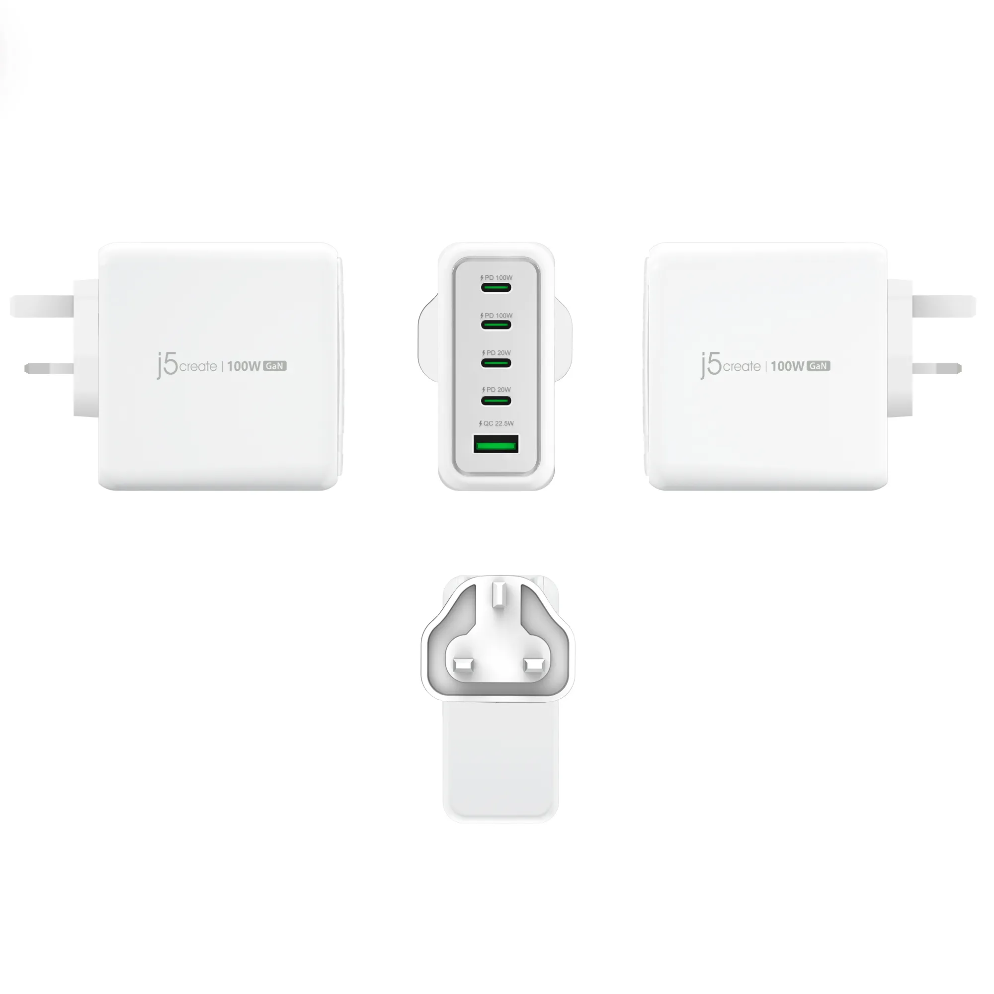 j5create JUP53100EF-N 100 Watt Galliumnitrid 5-portars - V&auml;ggladdare, Rent vit / Kolsvart