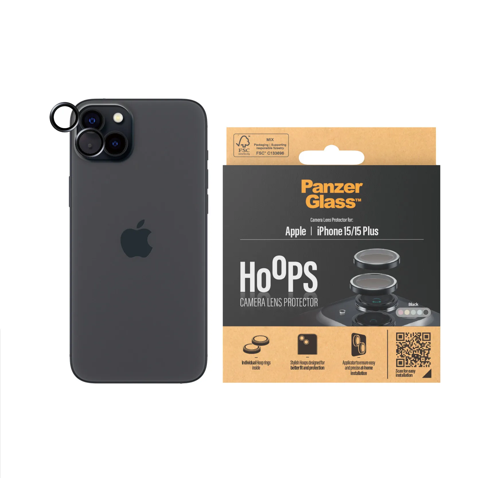 PanzerGlass Hoops iPhone 15 / 15 Plus - Camera Lens Protector, Black