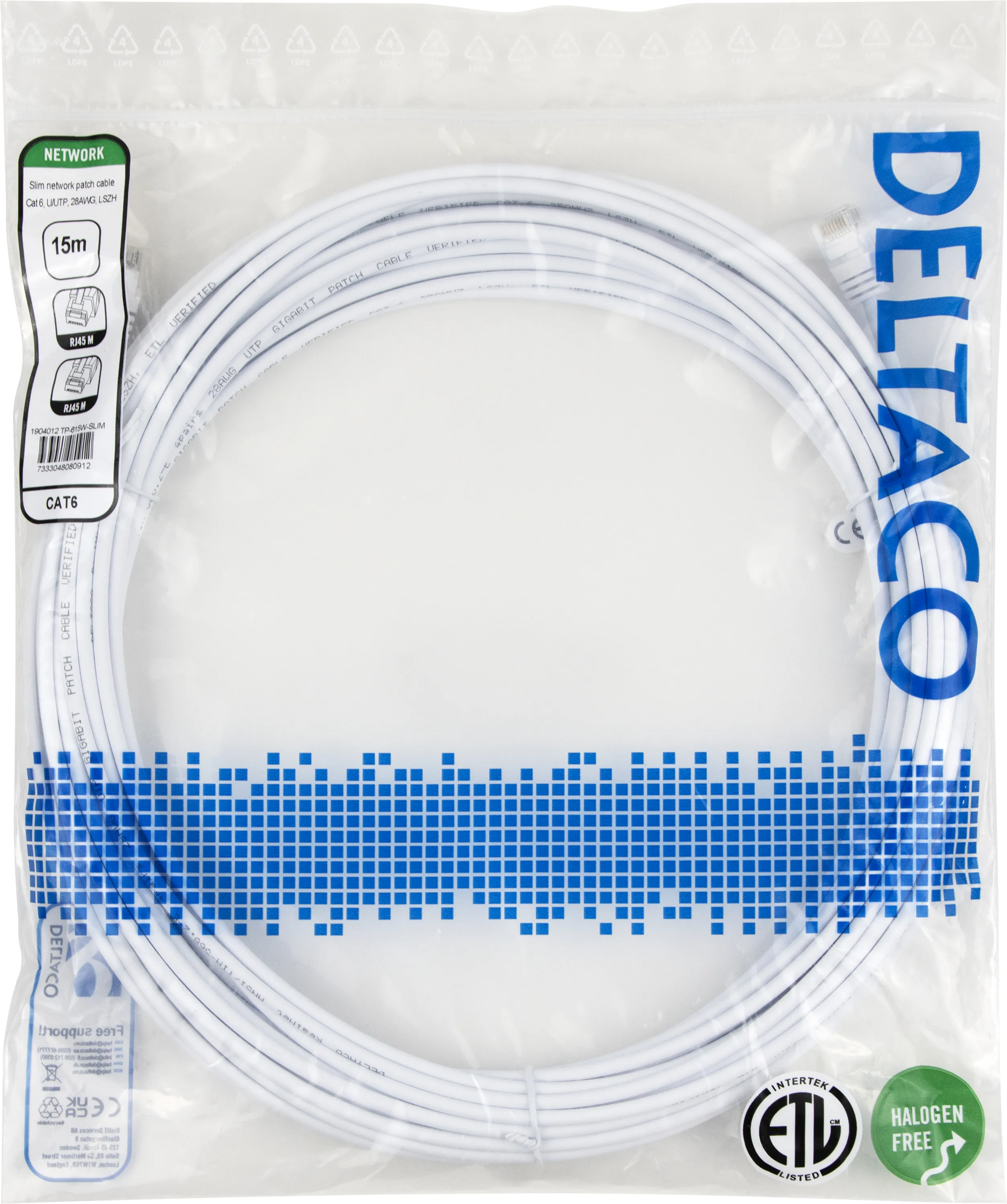 Deltaco Cat6 UTP RJ45 15m Network Cable, White