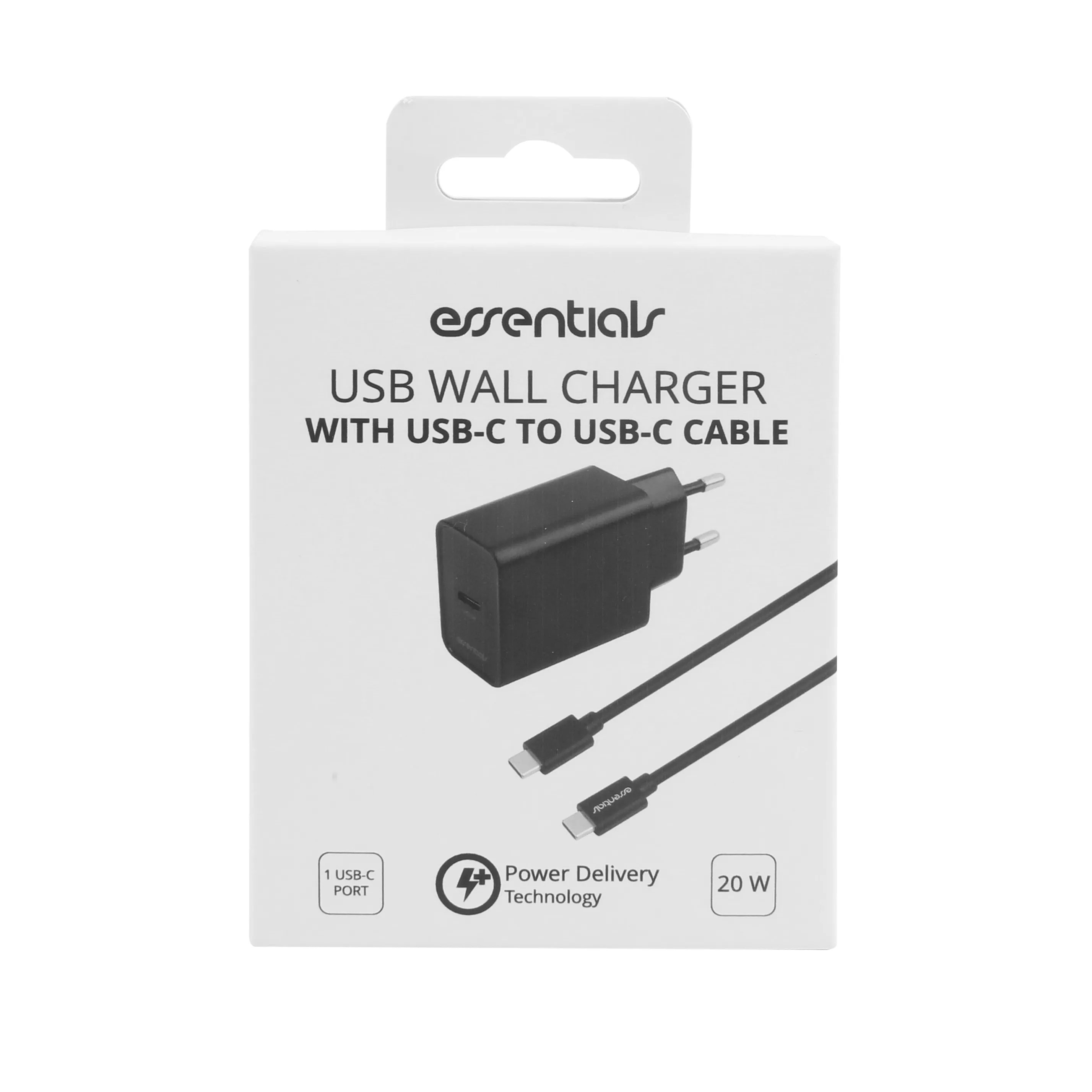 Wall charger USB-C PD 20W, 1 m USB-C/C cable,black
