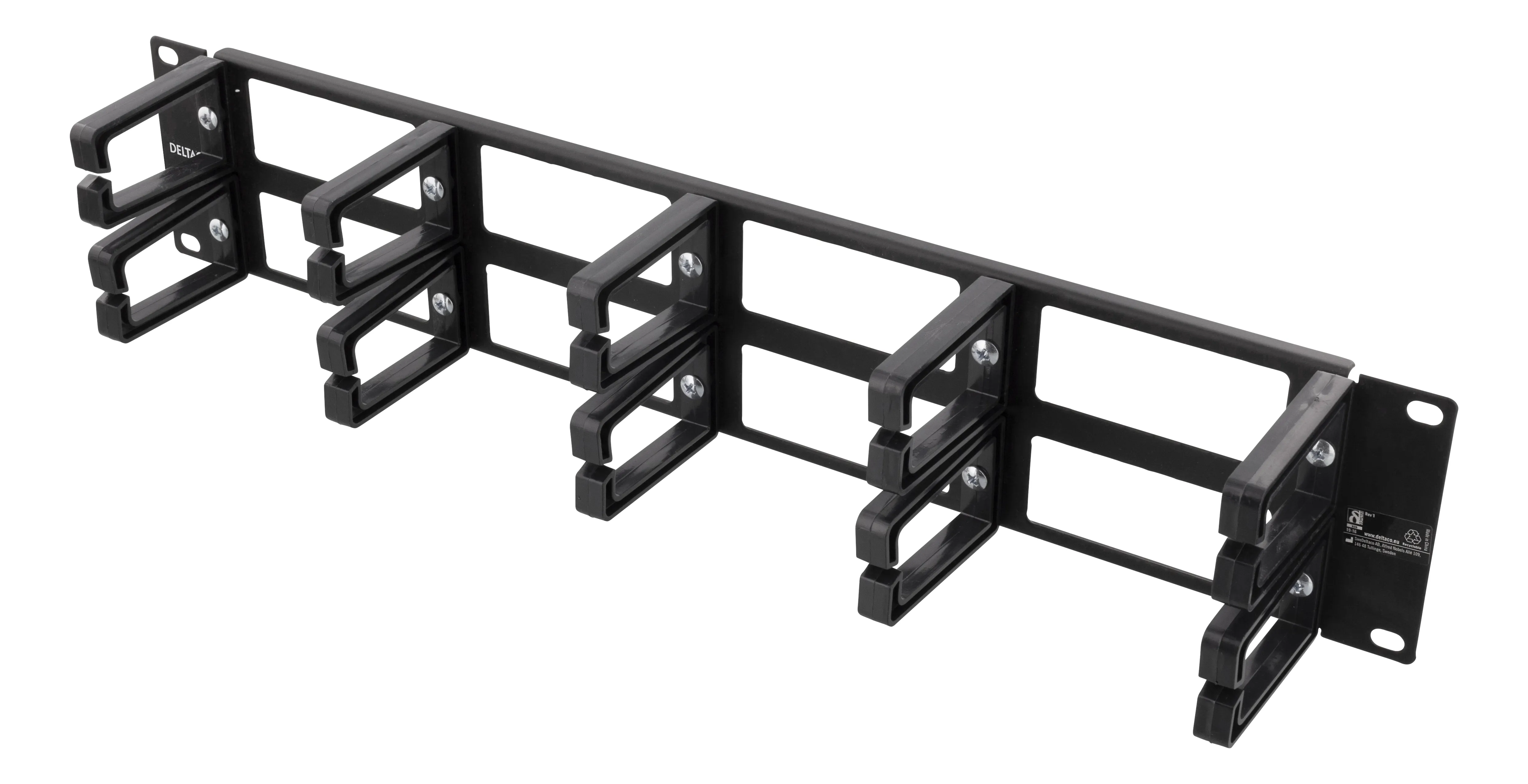 19 kabelhanterare, metall/plast, 10 &ouml;glor och genomf&ouml;ring, 2U, svart