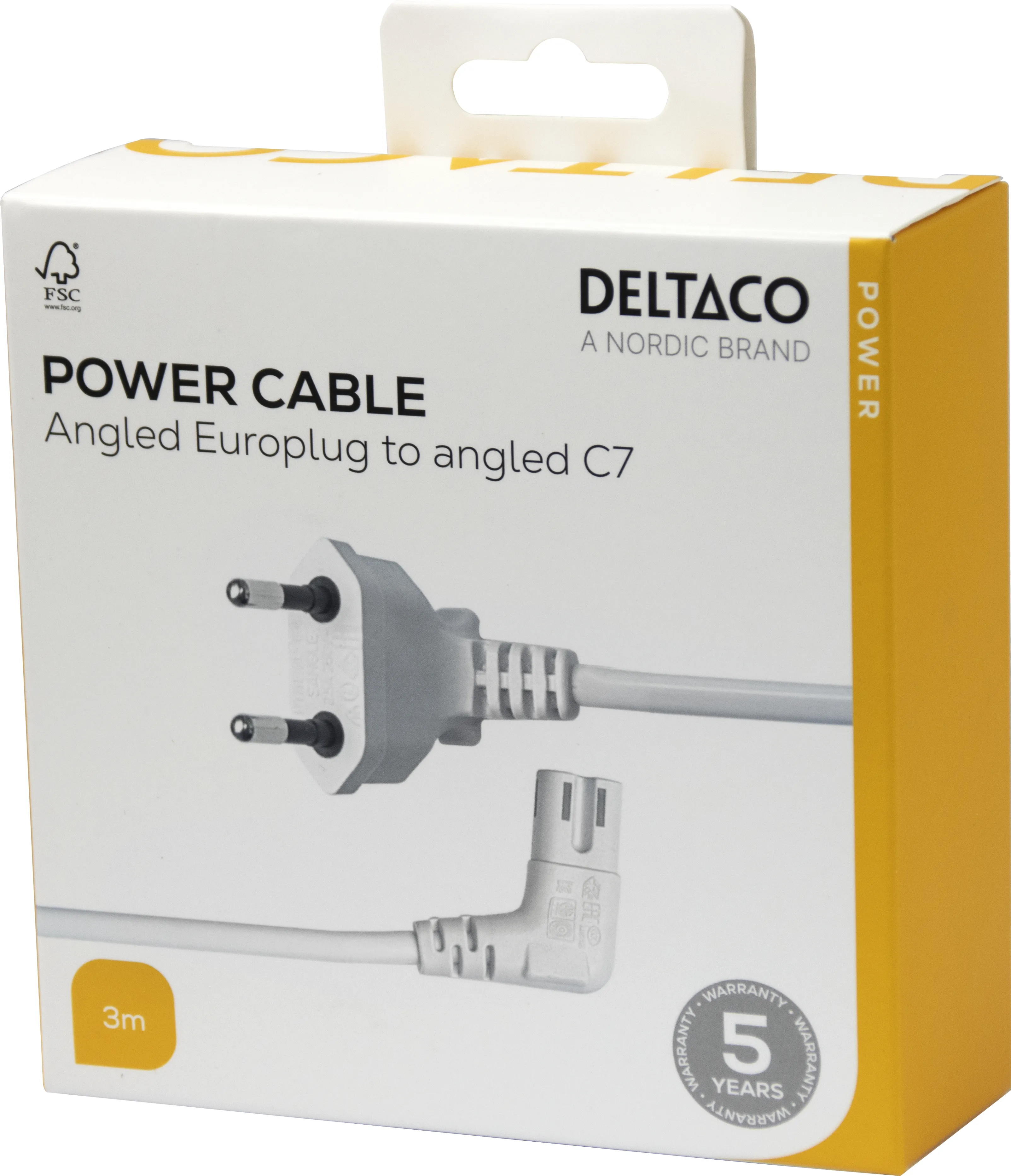 Deltaco CEE 7/16 - C7 angled - strömkabel, Vit, 3m Deltaco CEE 7/16 - C7 angled - strömkabel, Vit, 3m