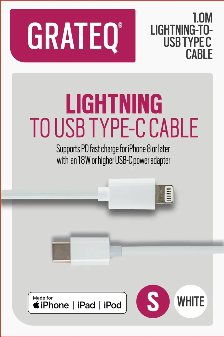 Grateq MFi Lightning - USB-C PD - cable, 1m, White