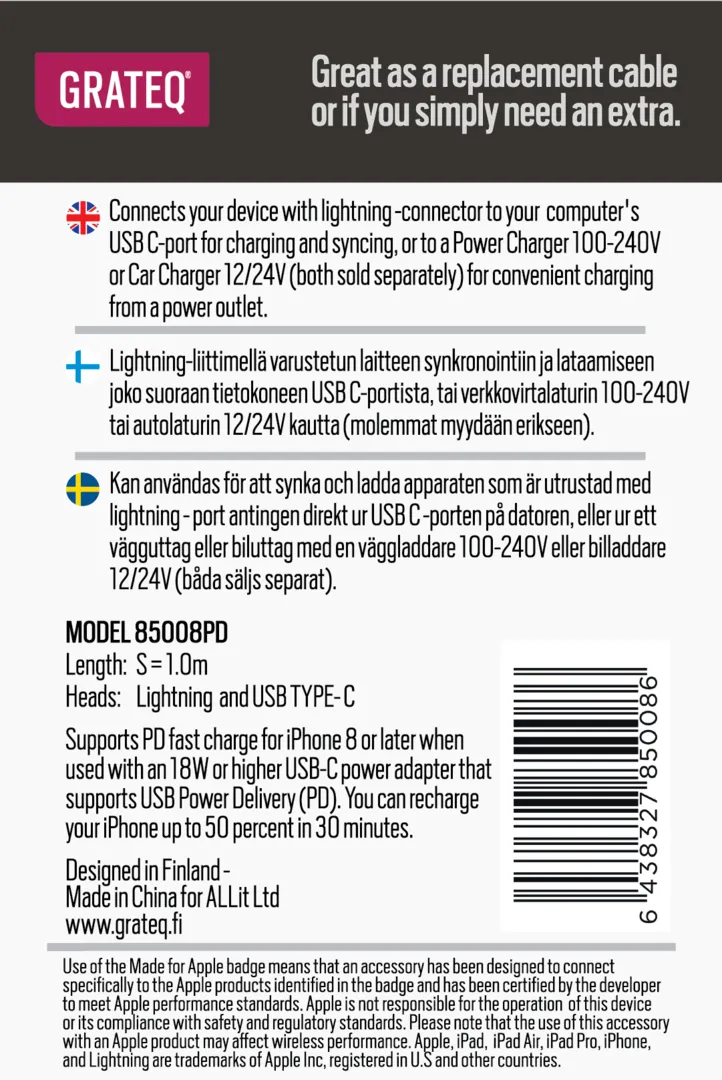 Grateq MFi Lightning - USB-C PD - cable, 1m, White