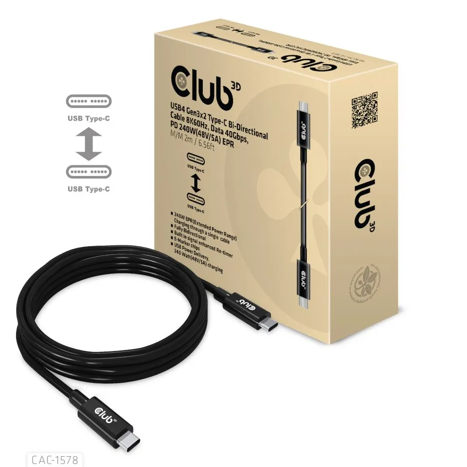 Club 3D USB4-C Gen3x2, 40Gbps, PD3.1 240W - kabel, Svart, 2m