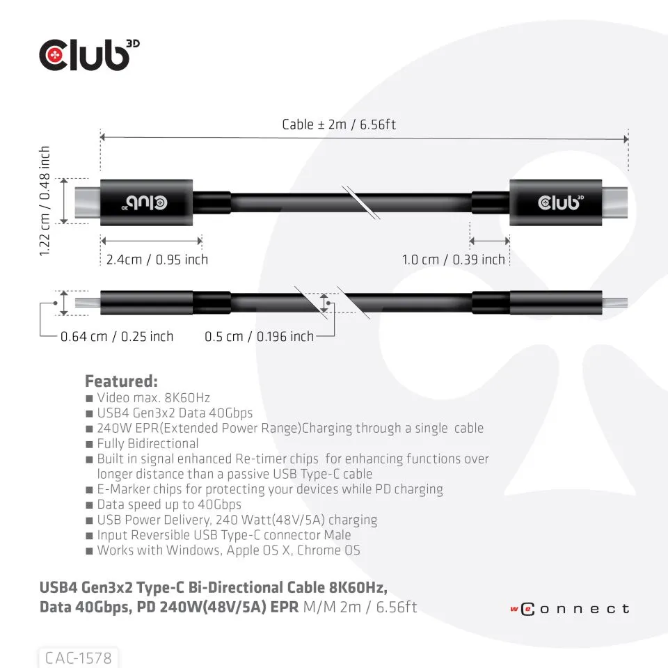 Club 3D USB4-C Gen3x2, 40Gbps, PD3.1 240W - kabel, Svart, 2m