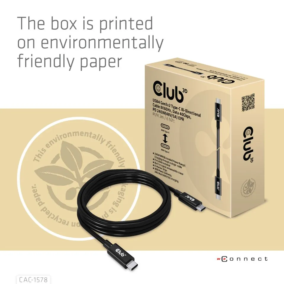 Club 3D USB4-C Gen3x2, 40Gbps, PD3.1 240W - kabel, Svart, 2m