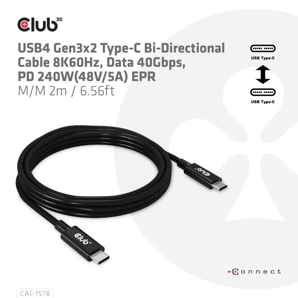 Club 3D USB4-C Gen3x2, 40Gbps, PD3.1 240W - kabel, Svart, 2m