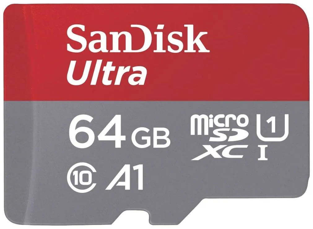 SanDisk Ultra 64GB MicroSDXC UHS-I A1 card with SD adapter