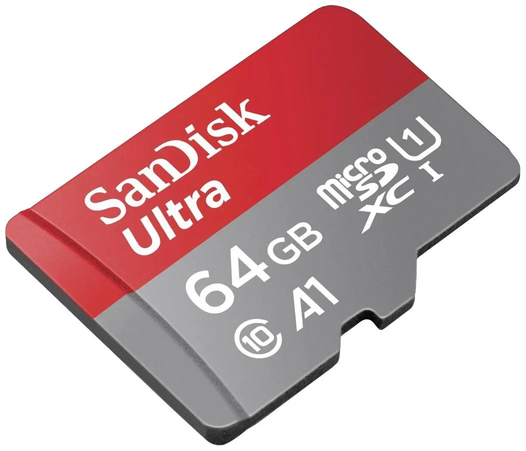 SanDisk Ultra 64GB MicroSDXC UHS-I A1 card with SD adapter