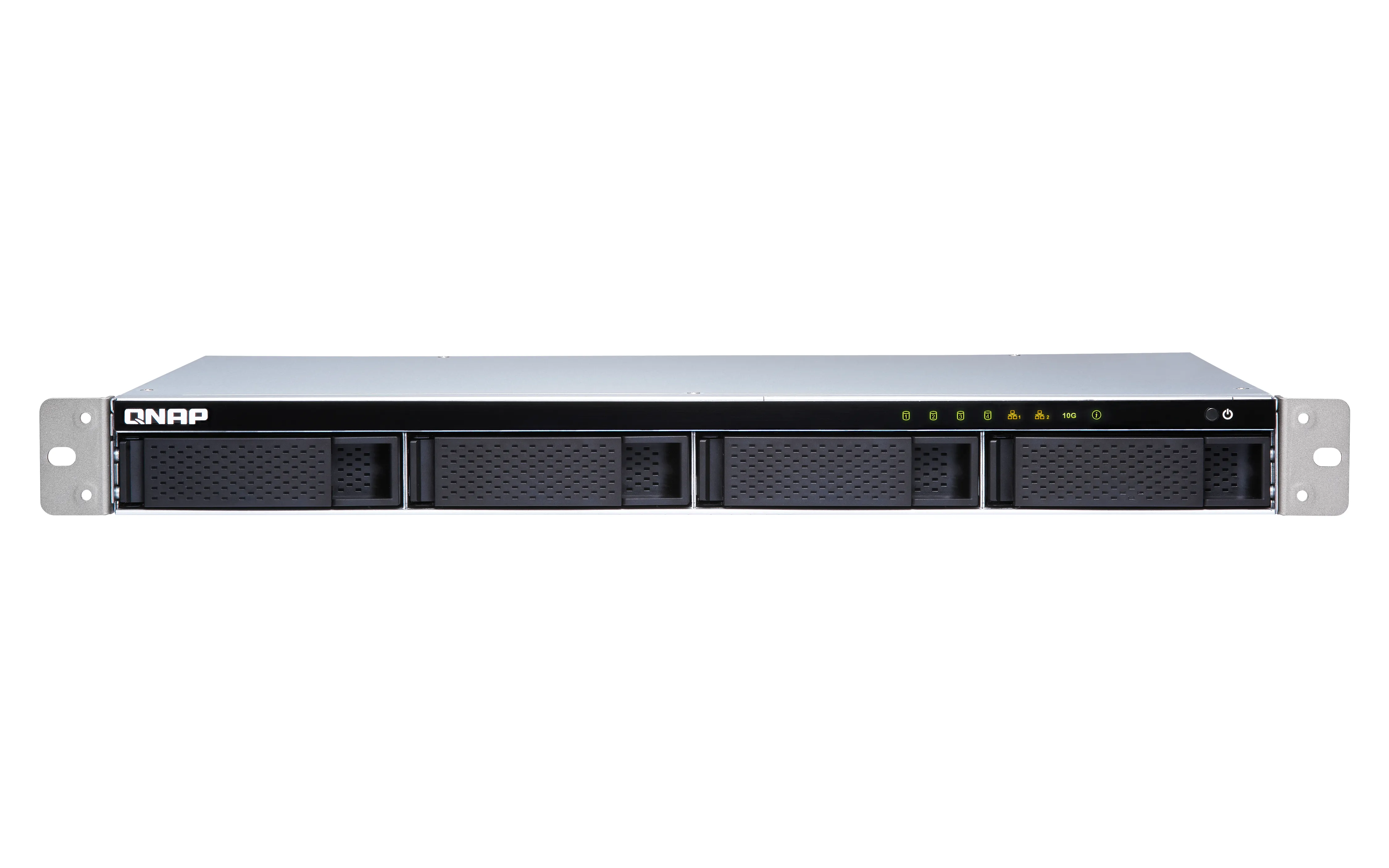 QNAP 4-Bay 4-Bay quad-core 1.7 GHz short-depth rackmount NAS with 100W power supply 2GB DDR3 SODIMM RAM max 8GB SATA 6Gb/s 1x 10GbE