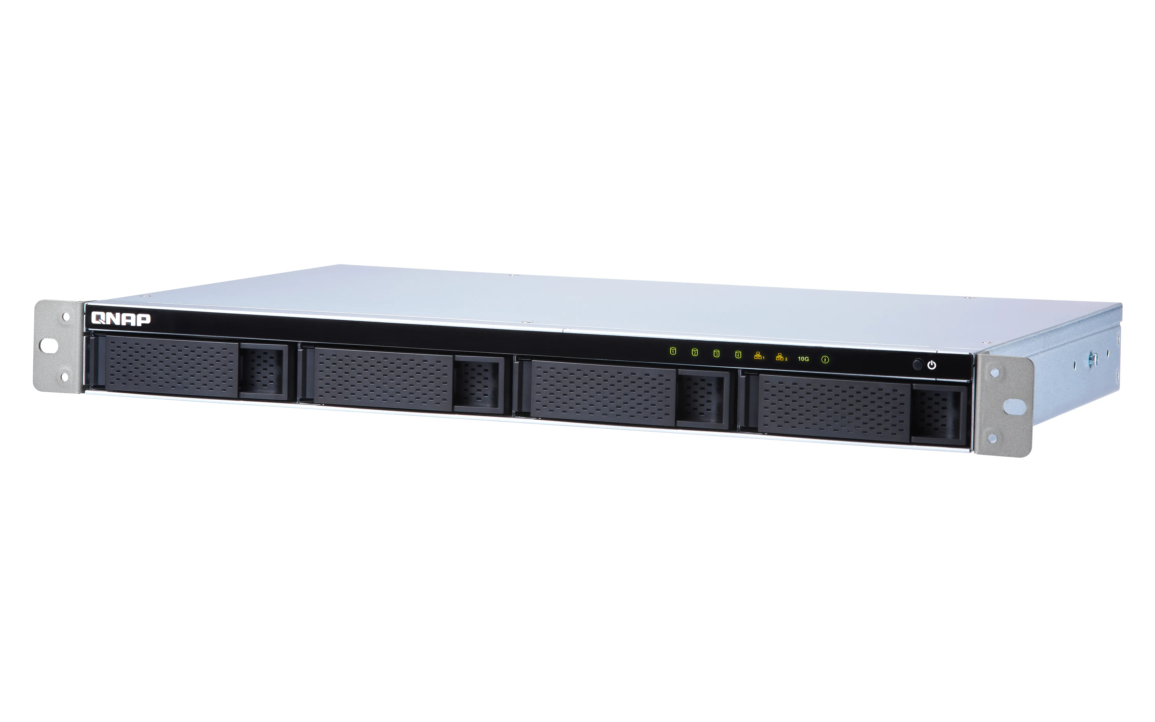 QNAP 4-Bay 4-Bay quad-core 1.7 GHz short-depth rackmount NAS with 100W power supply 2GB DDR3 SODIMM RAM max 8GB SATA 6Gb/s 1x 10GbE