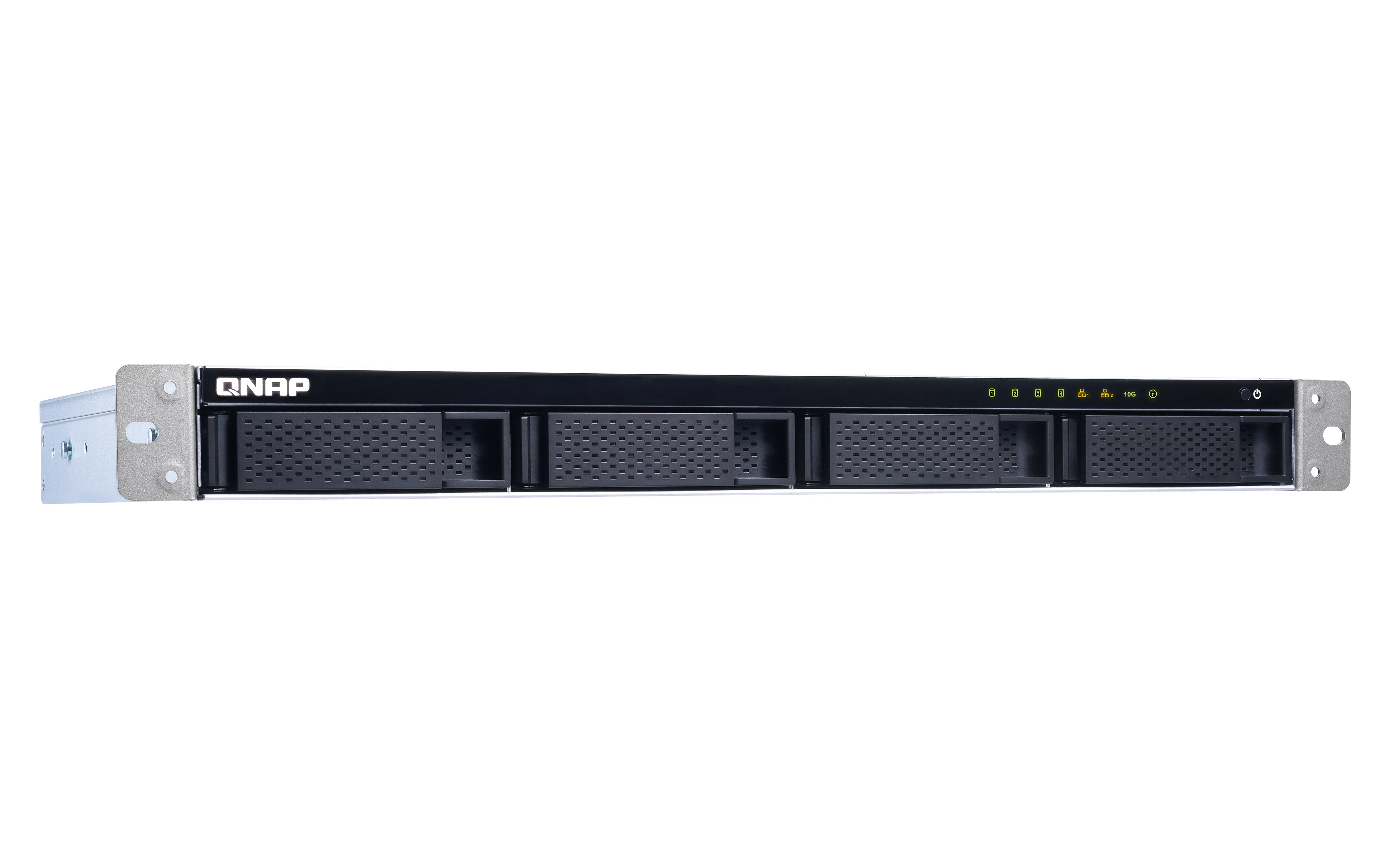 QNAP 4-Bay 4-Bay quad-core 1.7 GHz short-depth rackmount NAS with 100W power supply 2GB DDR3 SODIMM RAM max 8GB SATA 6Gb/s 1x 10GbE