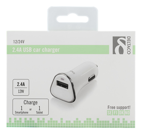 DELTACO autolaturi, 2,4A, 1xUSB Type A, 12-24V DC-sis.tulo, valk./hop.