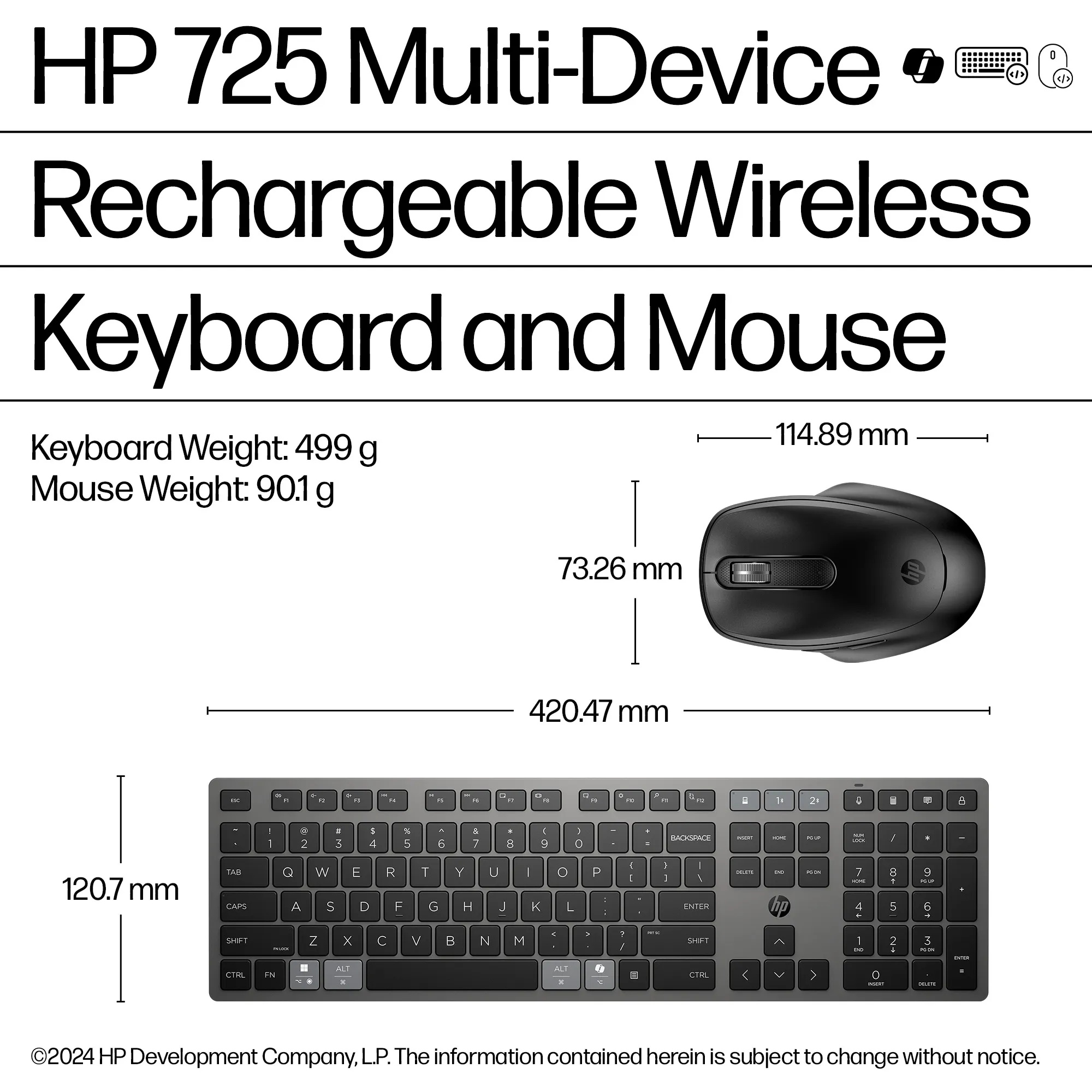 HP 725 Multi-Device Rechargeable Wireless Keyboard and Mouse, Black