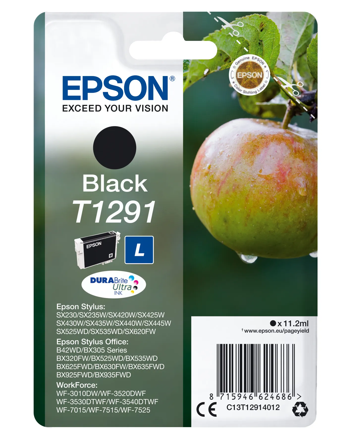 Epson T1291 - Koko L - musta - alkuper&auml;inen - blister RF-h&auml;lyttimell&auml; - mustepatruuna malleihin Stylus SX230, SX235, SX430, SX438, WorkForce WF-3520, 3530, 3540