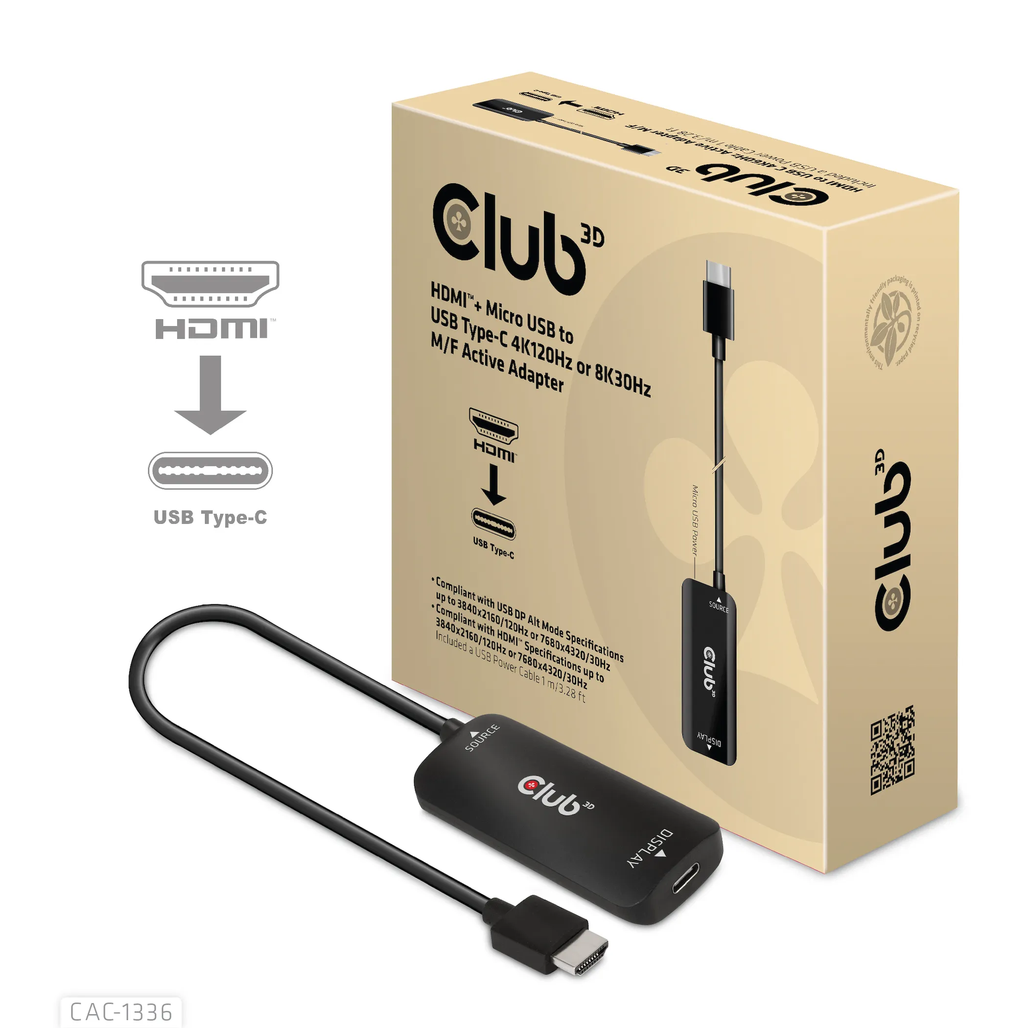Club 3D  Micro-USB B - USB-C -kaapeli, 0,20 m, Musta