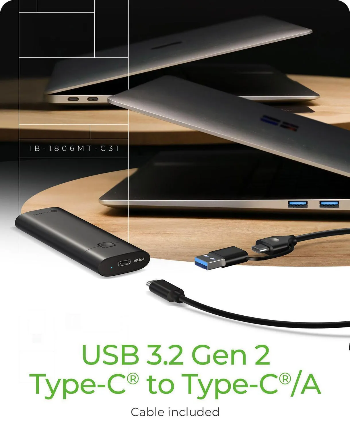 ICYBOX IB-1806MT-CU31 M.2 NVMe SSD -kotelo, 1-paikkainen, USB 3.2 Gen 2, USB-C, ty&ouml;kaluton, musta