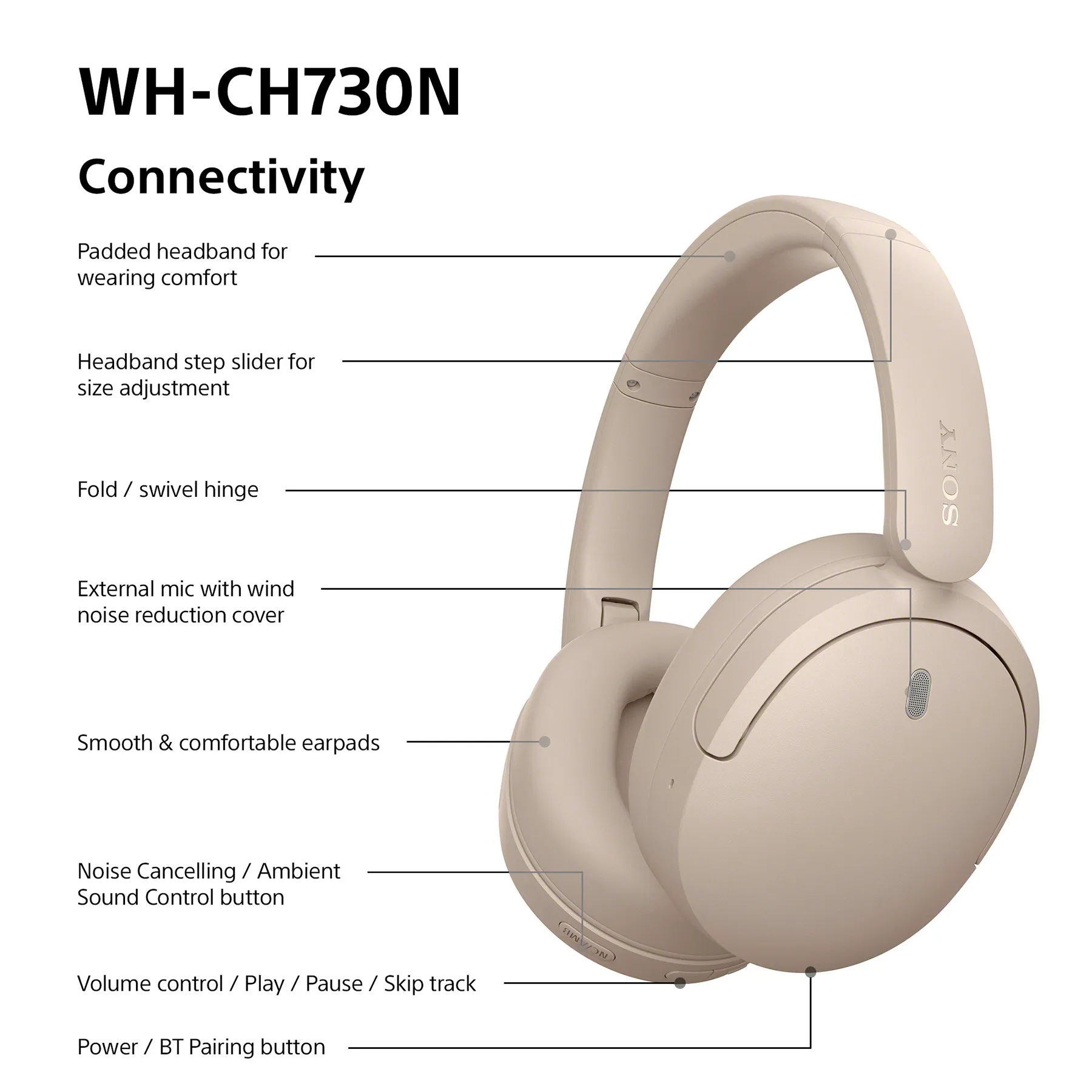 Sony WH-CH730N tr&aring;dl&ouml;sa over-ear h&ouml;rlurar, beige