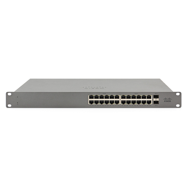 Cisco Meraki Go GS110-24P - Kytkin - Hallinnoitu - 24 x 10/100/1000 (PoE+) + 2 x SFP (mini-GBIC) (uplink) - ty&ouml;p&ouml;yt&auml;, r&auml;kkiin asennettava - PoE+ (195 W) - (ei p