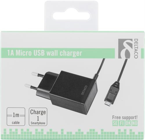DELTACO V&auml;ggladdare 230V till 5V USB, 1A, 1x USB Micro B, 1m, svart
