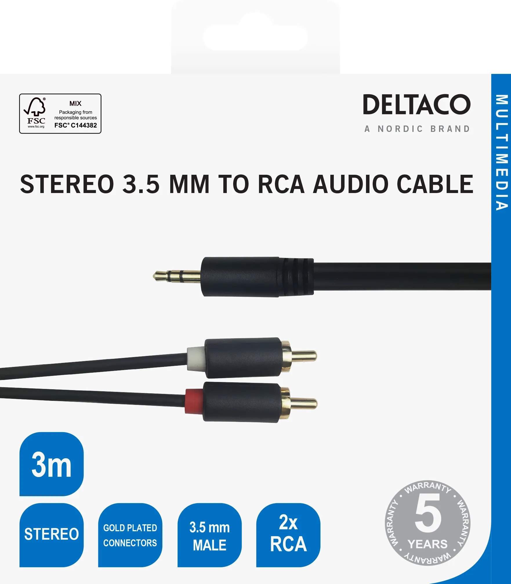 Deltaco 3.5mm - 2x RCA - audio cable, Black, 3m