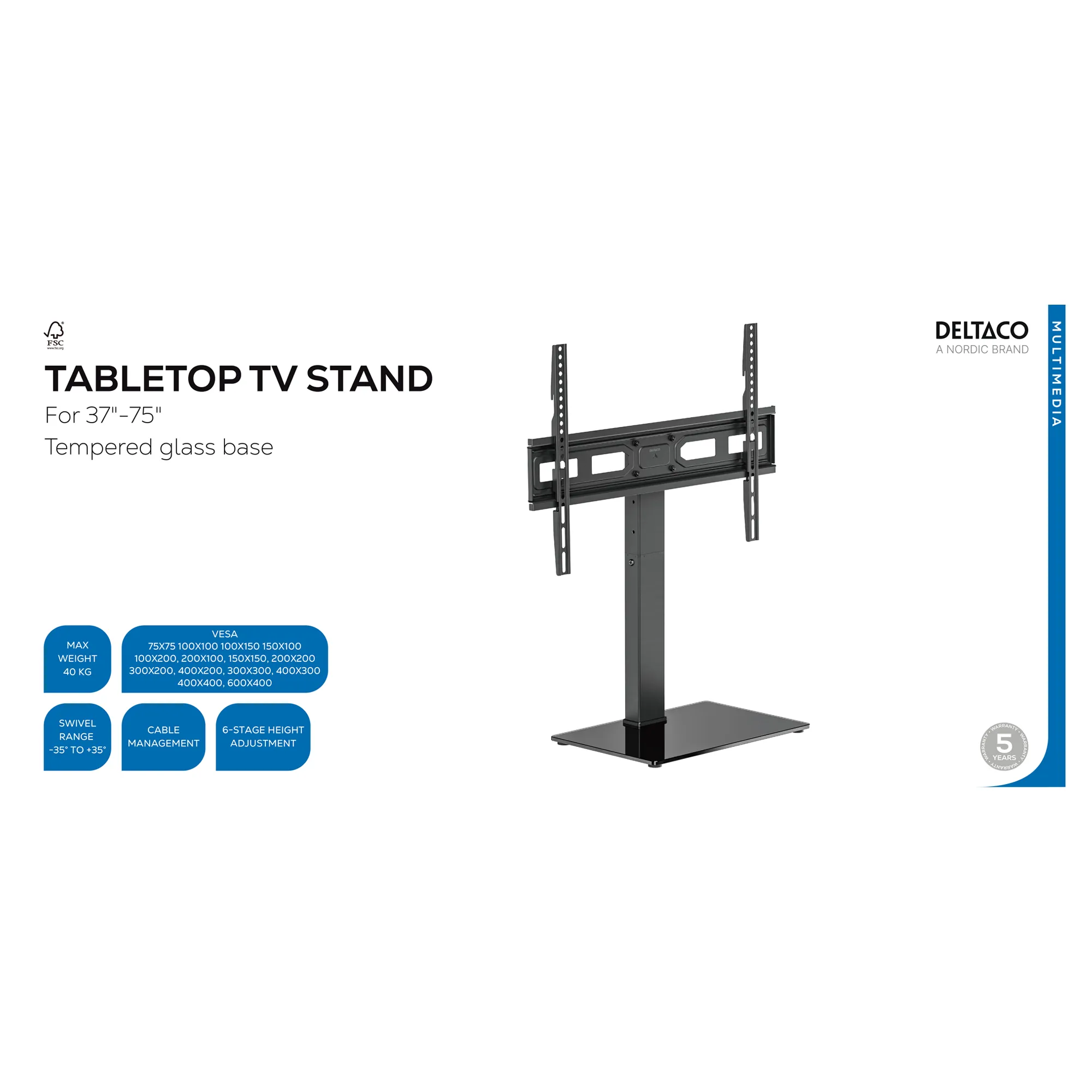 DELTACO ARM-1401-B Tabletop Television Stand 37&ndash;75" (VESA 200x200&ndash;600x400 mm), Swivel -35&deg; to +35&deg;, 40 kg, Black