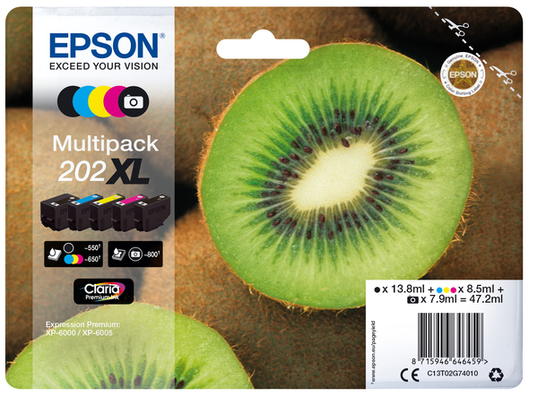Epson 202XL Kiwi -mustekasettipakkaus, musta/valokuvamusta/syaani/magenta/keltainen, 5 kpl
