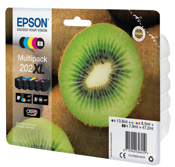 Epson 202XL Kiwi -mustekasettipakkaus, musta/valokuvamusta/syaani/magenta/keltainen, 5 kpl