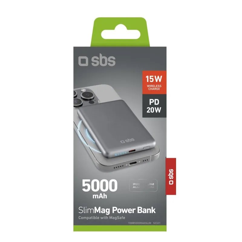 SBS MagSafe Slim 5000 mAh, 20W, 15W - powerbank, Silver