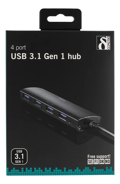 Deltaco USB 3.0 hubb, 4xTyp A hona, aluminium, svart