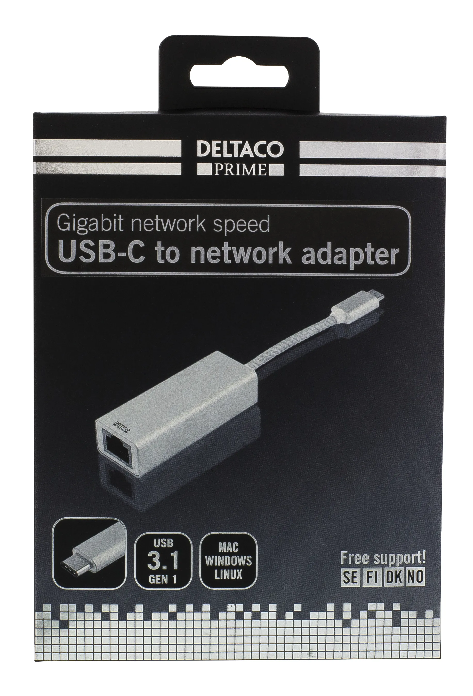 DELTACO PRIME USB-C nätverksadapter, Gigabit, RJ45, aluminium, silver
