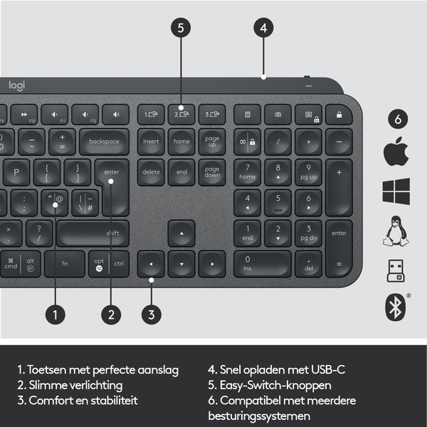 Logitech MX Keys -langaton n&auml;pp&auml;imist&ouml;, grafiitti