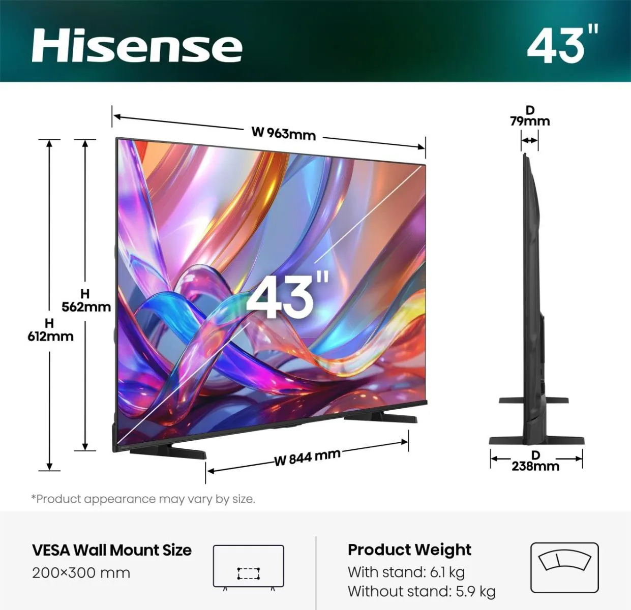 Hisense 43" 4K LED VIDAA TV, 120 Hz, HDR10+, Dolby Vision IQ