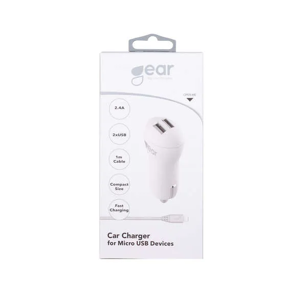 GEAR Laddare 12-24V 2xUSB 2,4A Vit MicroUSB Kabel Rund 1m