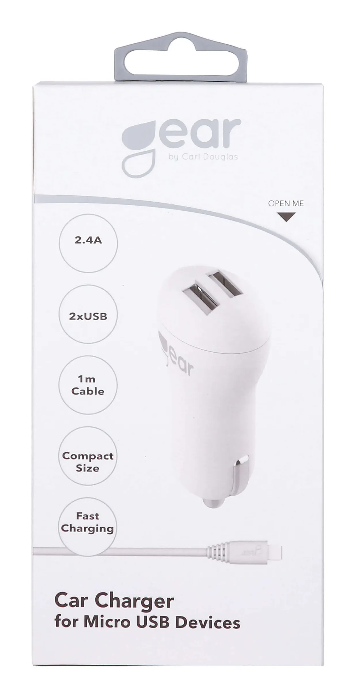 GEAR Laddare 12-24V 2xUSB 2,4A Vit MicroUSB Kabel Rund 1m