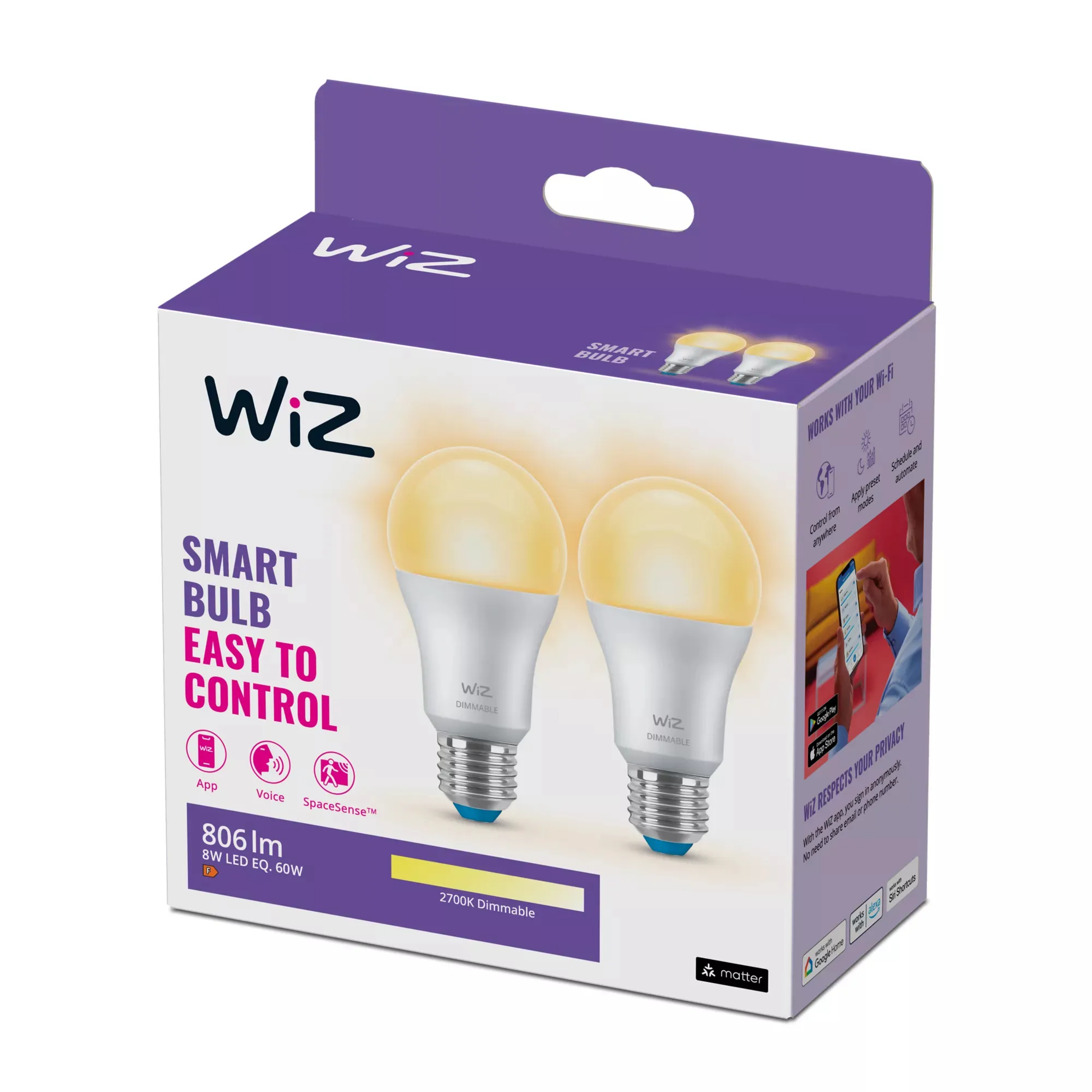 WIZ WiFi E27 dimmable - smart bulb, 2pcs