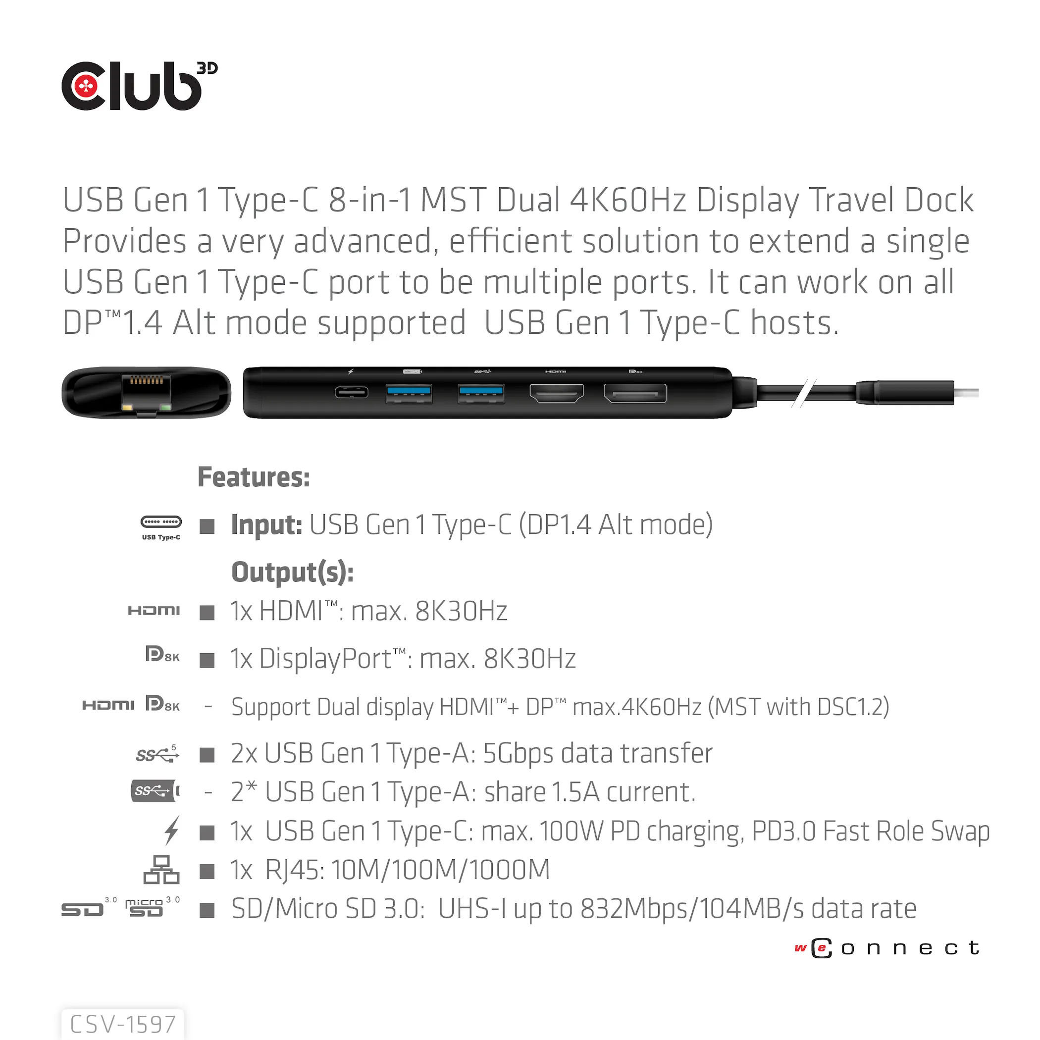 Club 3D 3.2 Gen1 USB-C 8-in-1 - dock, Black