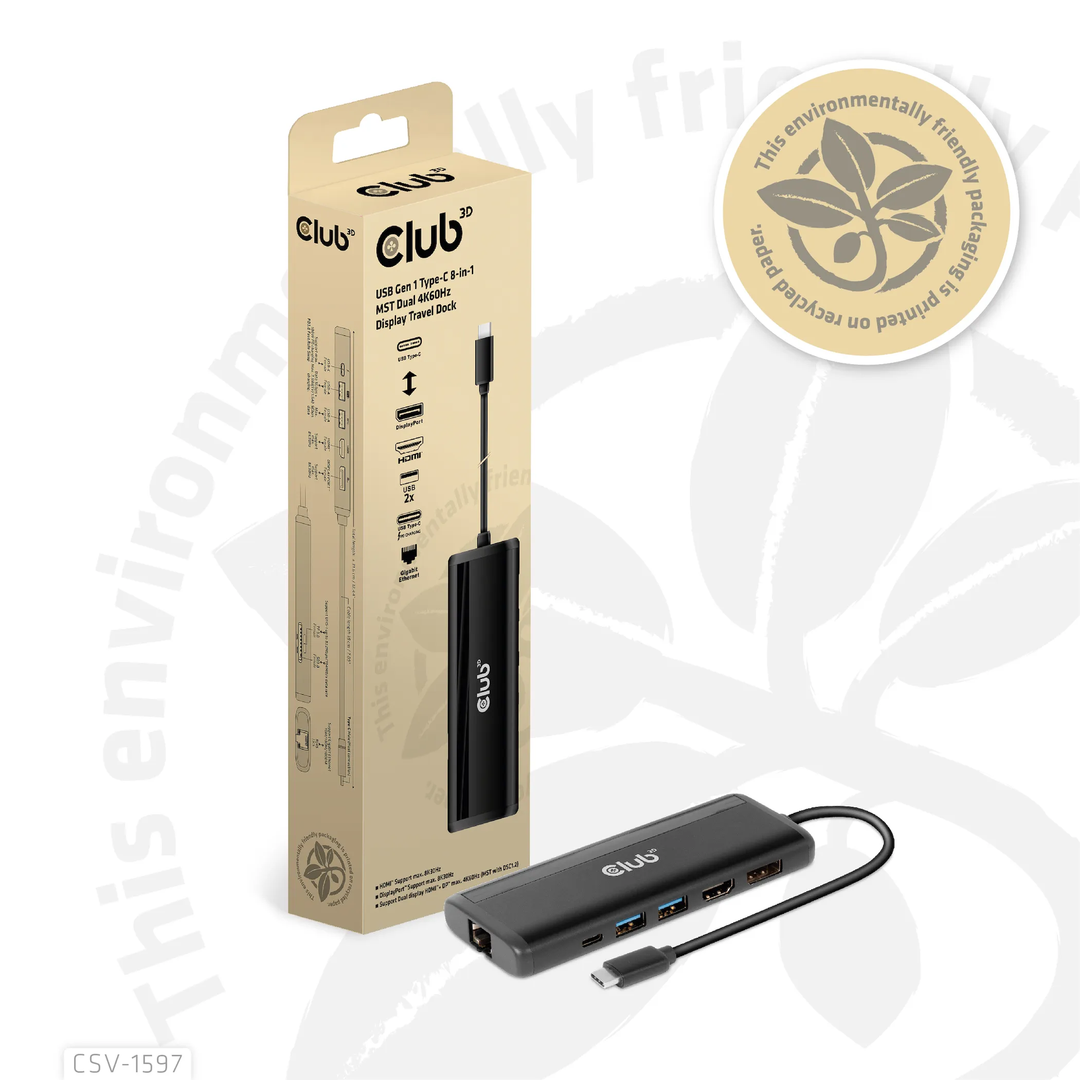 Club 3D 3.2 Gen1 USB-C 8-in-1 - dock, Black