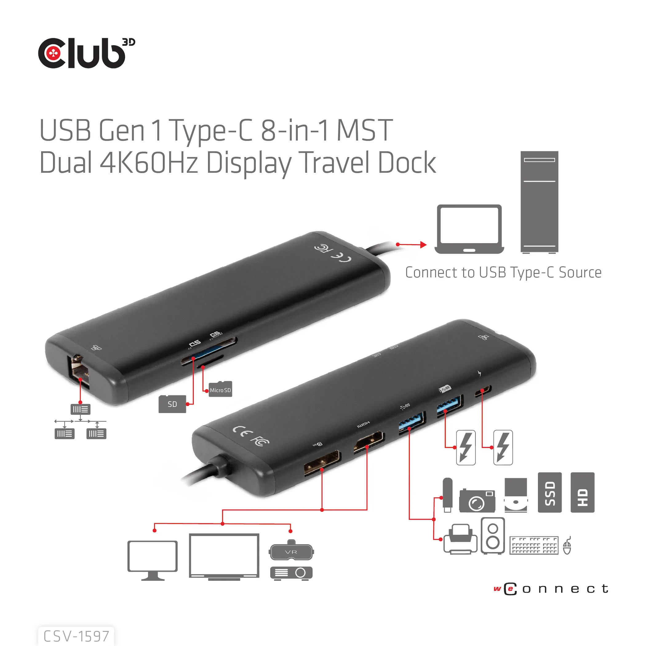 Club 3D 3.2 Gen1 USB-C 8-in-1 - dock, Black