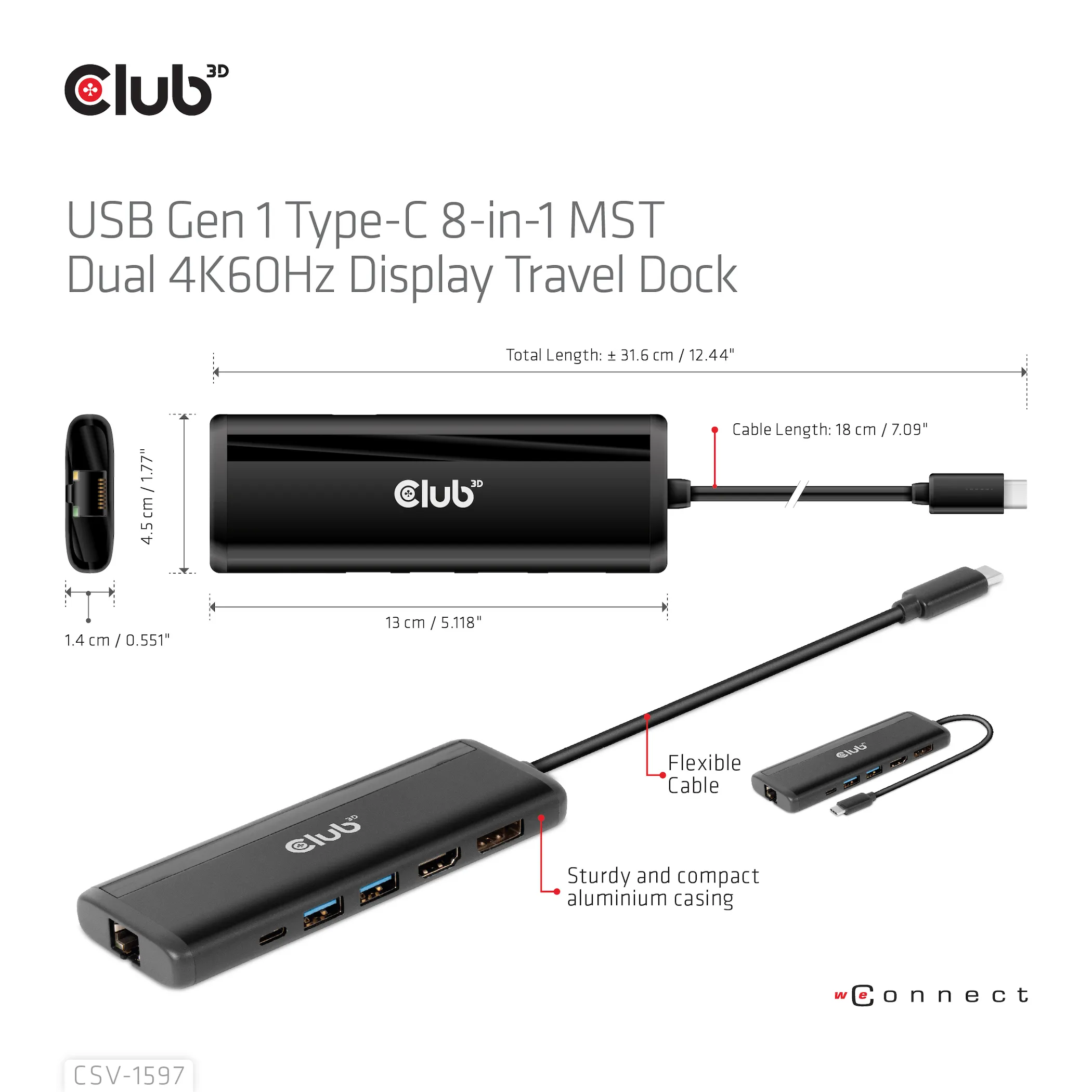 Club 3D 3.2 Gen1 USB-C 8-in-1 - dock, Black