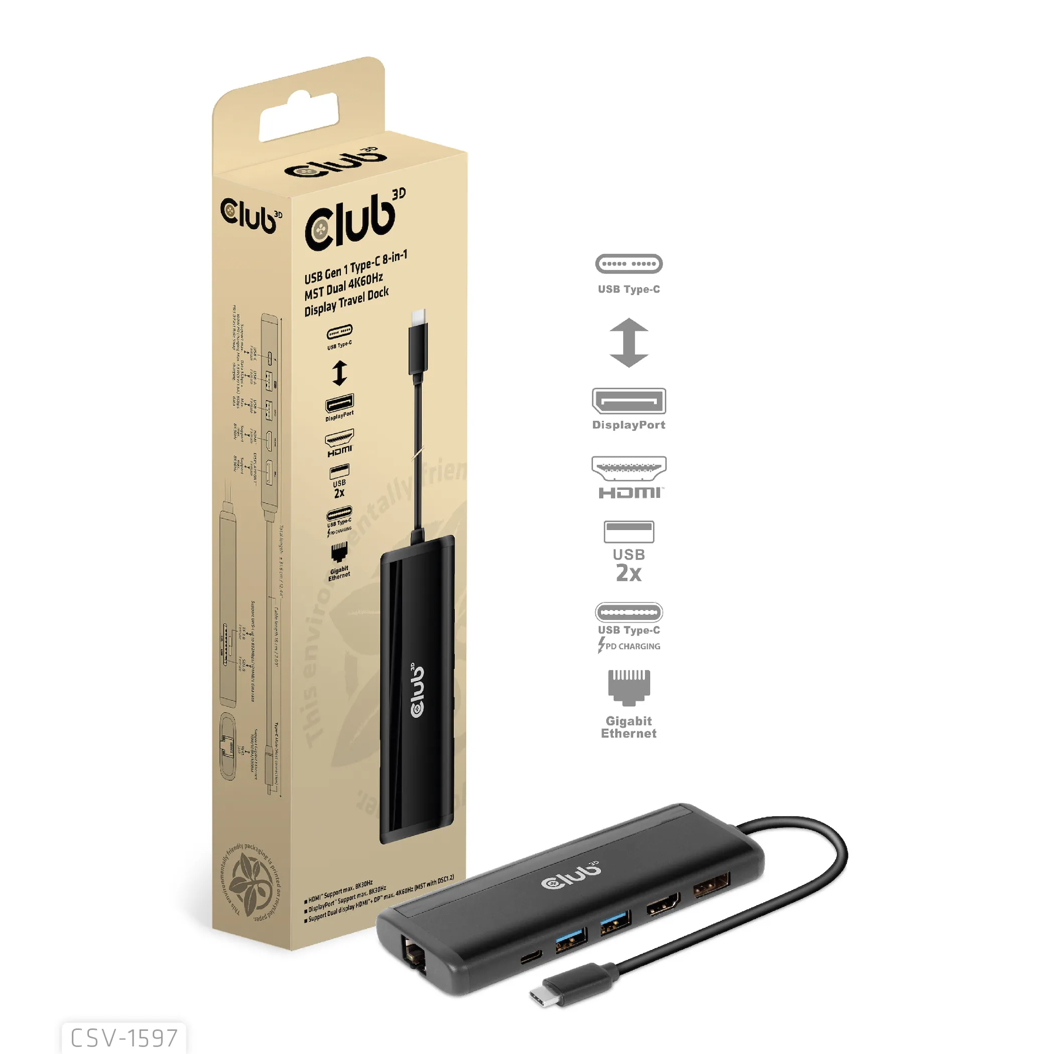 Club 3D 3.2 Gen1 USB-C 8-in-1 - dock, Black