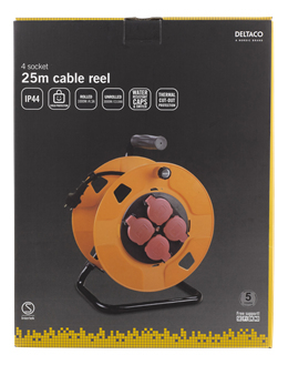 DELTACO IP44 Kabelvinda, 25m, 3000W, 4xCEE 7/4, CEE 7/7, svart/orange